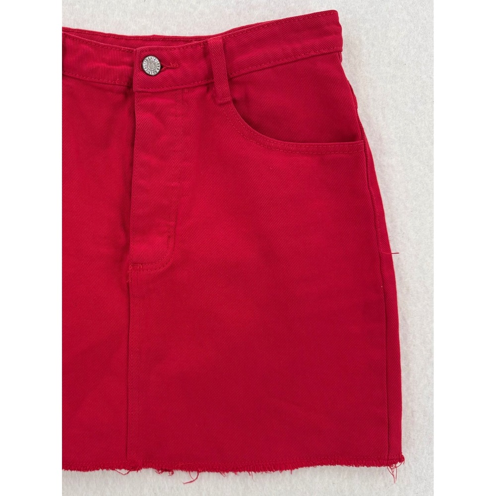 J. Galt - Denim Mini Skirt Raw Hem Button Fly - Red - S - Women